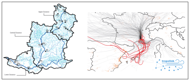 Illustration of potential long-range dispersion routes via water flows (left, Durance basin, Morris et al. 2023) and air flows (right, trajectories of air masses arriving at Avignon for a given period of time, with the trajectories selected in red after filtering by various criteria, e.g. maximum air mass altitude)